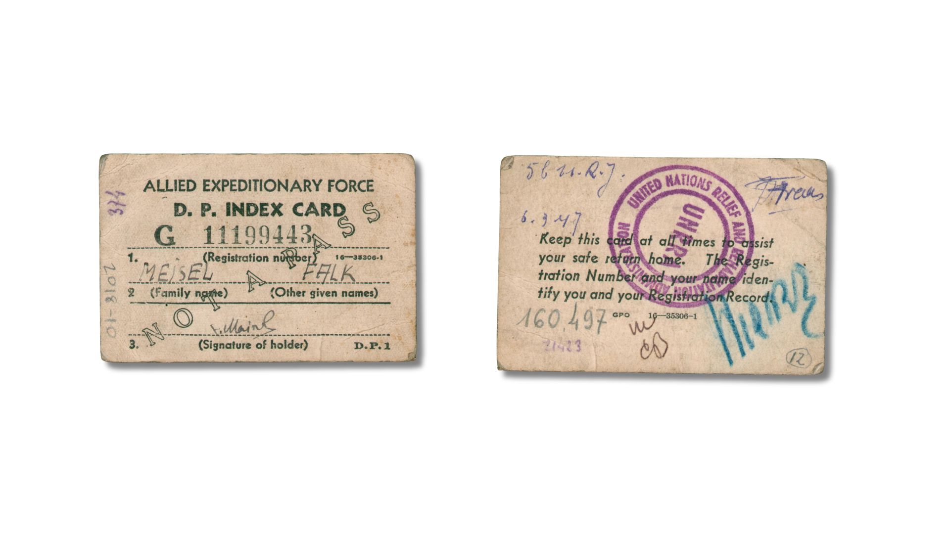 United Nations Relief and Rehabilitation Administration (UNRRA) Displaced Persons Index Card for Phillip Maisel, 1945. From the MHM Collection. 