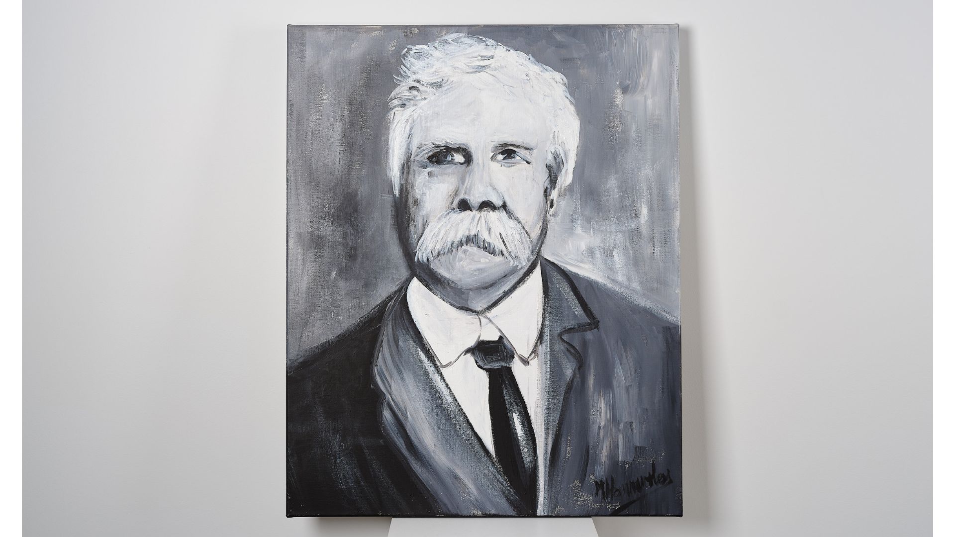 Uncle William Cooper. Acrylic on canvas. On loan from private collection. Artist: Mark Hammersley.  

William Cooper was born in the Yorta Yorta tribal territory and dedicated his life to fighting for Indigenous rights. In December 1938, he presented a historic petition to the German consulate in Melbourne condemning the Kristallnacht pogrom and the Nazis’ treatment of the Jews. He died in 1941.