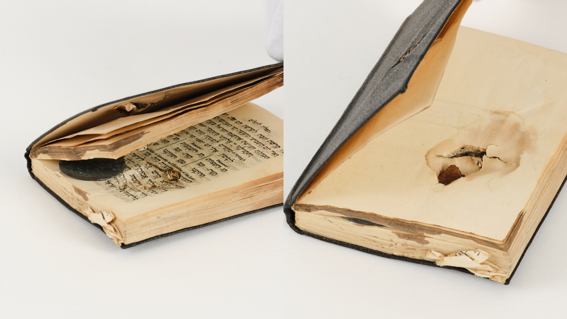 Siddur (prayer book) with bullet belonging to Andre Schwartz, published London, England, 1941. MHM 1684-3/ Liesel Schwartz Collection. Photography by Simon Shiff.